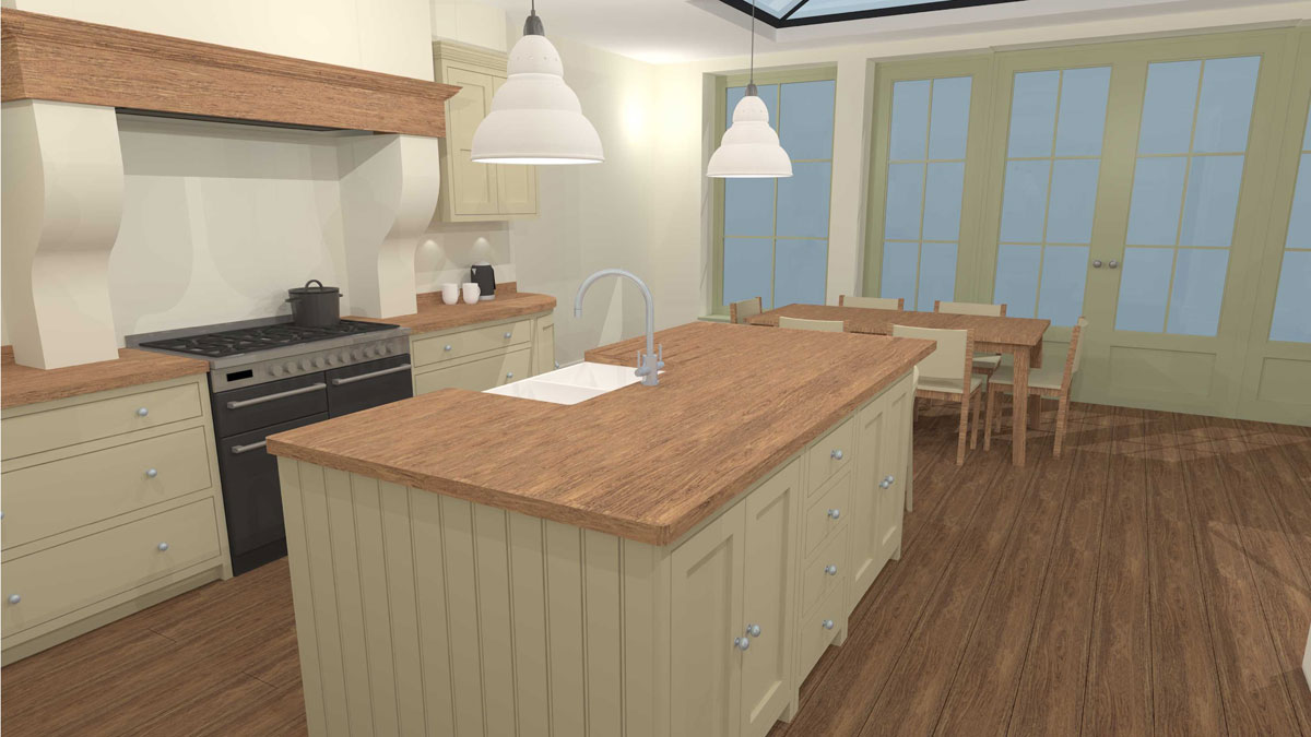 Kitchen, island and dining area