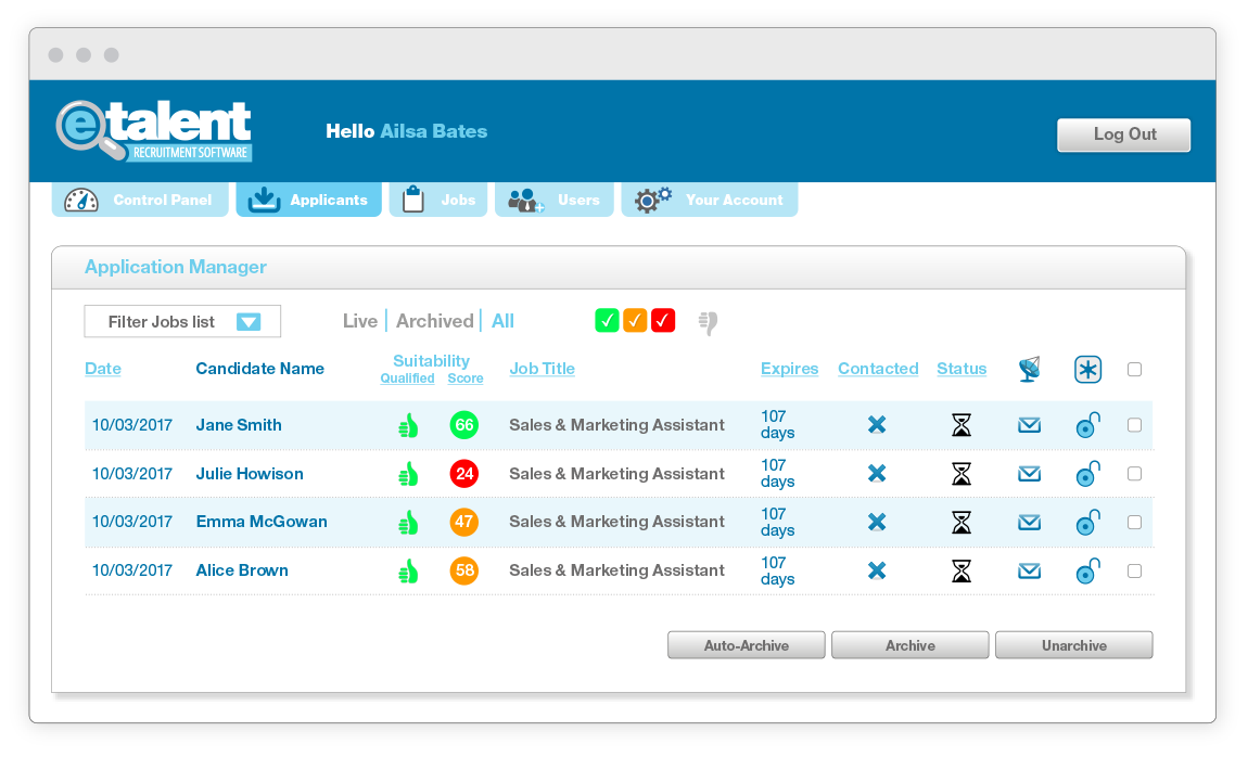 control panel overview of e-talent recruitment software