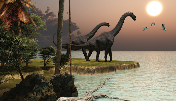 Two Brachiosaurus Dinosaurs Enjoy A Beautiful Sunset.